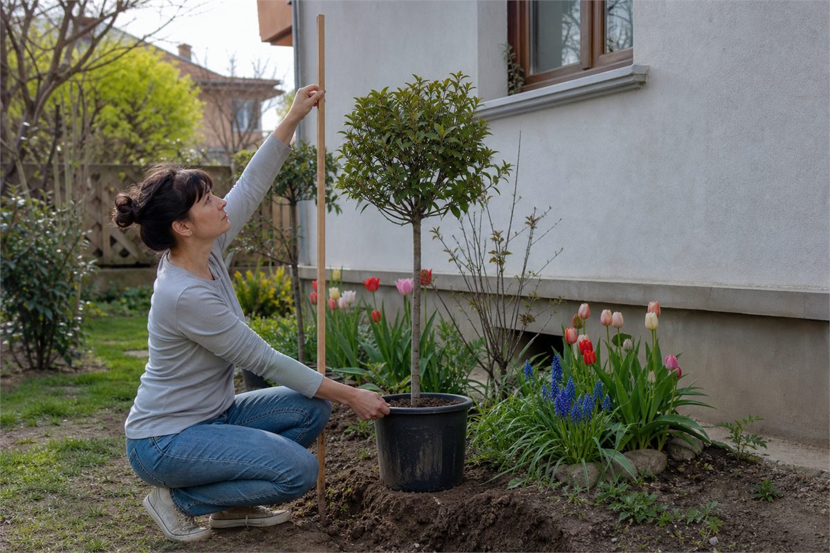 O femeie alege locul potrivit pentru un copac tânăr
